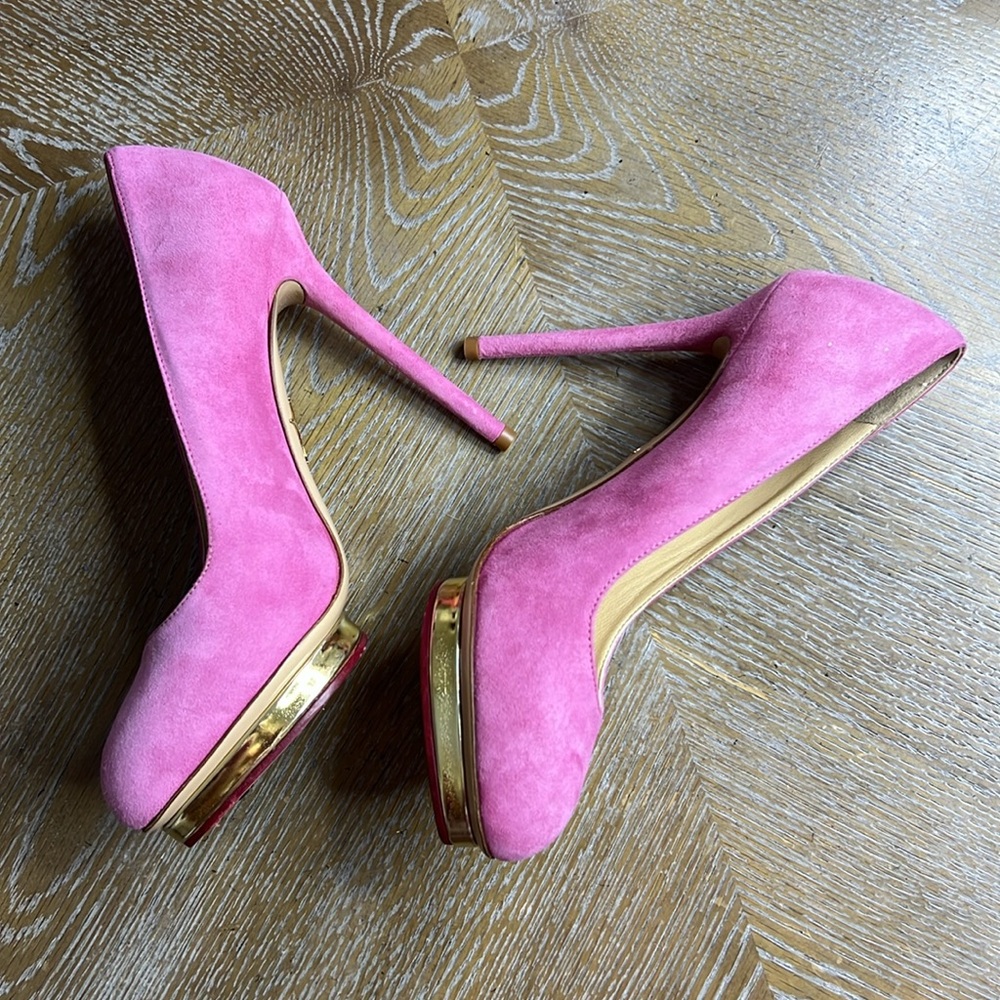 CHARLOTTE OLYMPIA Pink Suede Platform Dolly Heels 36 - Picture 3 of 14